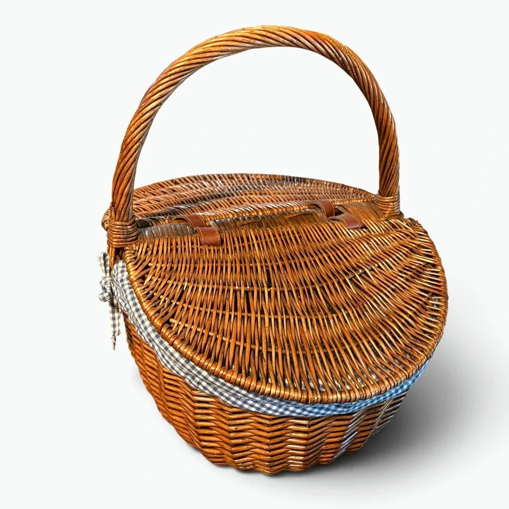Cottagecore Wicker Picnic Basket Gingham Lined Double Lid Woven Hamper 18x13x9